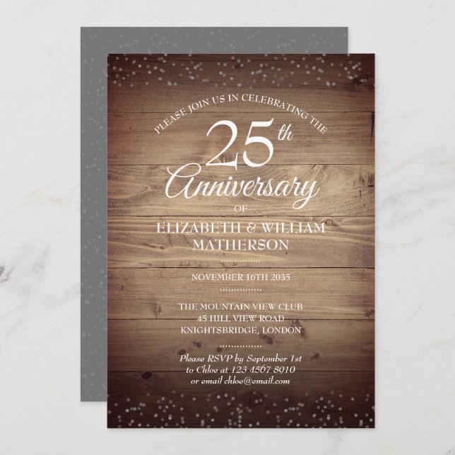 25th Anniversary Rustic Wood Silver Stardust  Invitation (Front/Back)
