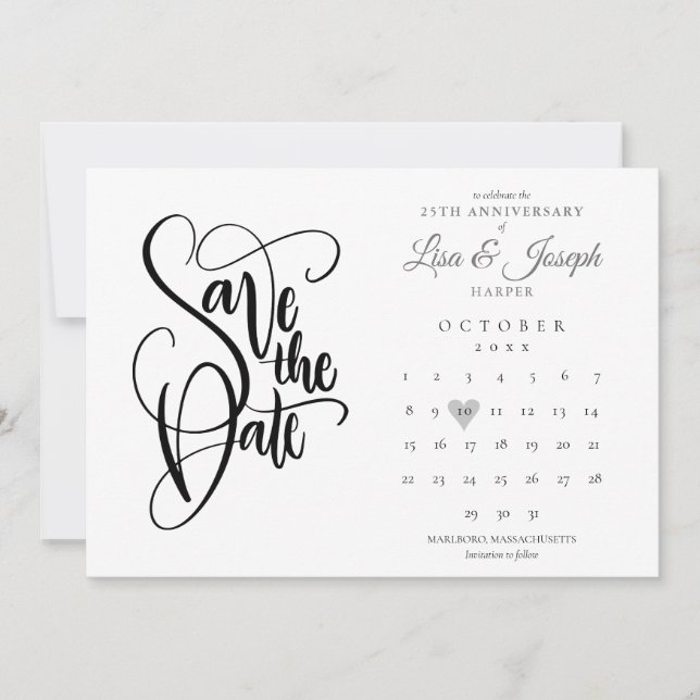 25th Anniversary Save the Date Calendar Love Heart Invitation (Front)