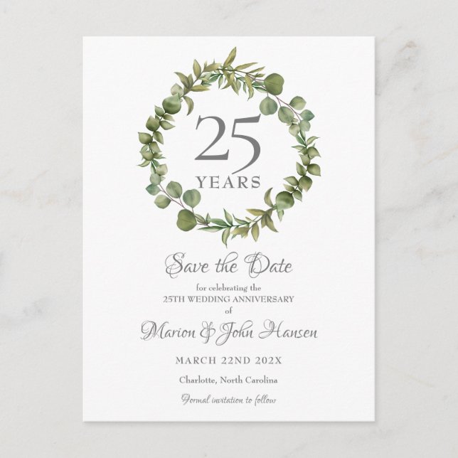 25th Anniversary Save the Date Greenery Garland  Announcement Postcard (Front)