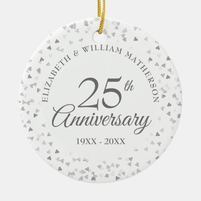 25th Anniversary Silver Hearts Ceramic Ornament (Front)