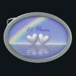 25th Anniversary Silver Hearts Oval Belt Buckle<br><div class="desc">Belt buckle with my design of 2 silver hearts floating on the water under a rainbow,  and text that says "25 Years".</div>