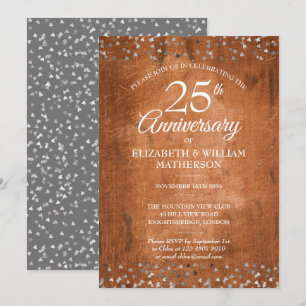 25th Anniversary Silver Hearts Rustic Vintage Wood Invitation