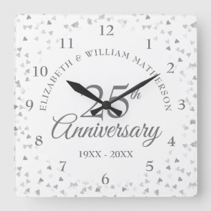 25th Anniversary Silver Hearts Square Wall Clock