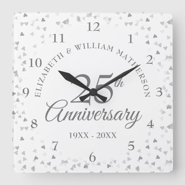 25th Anniversary Silver Hearts Square Wall Clock (Front)