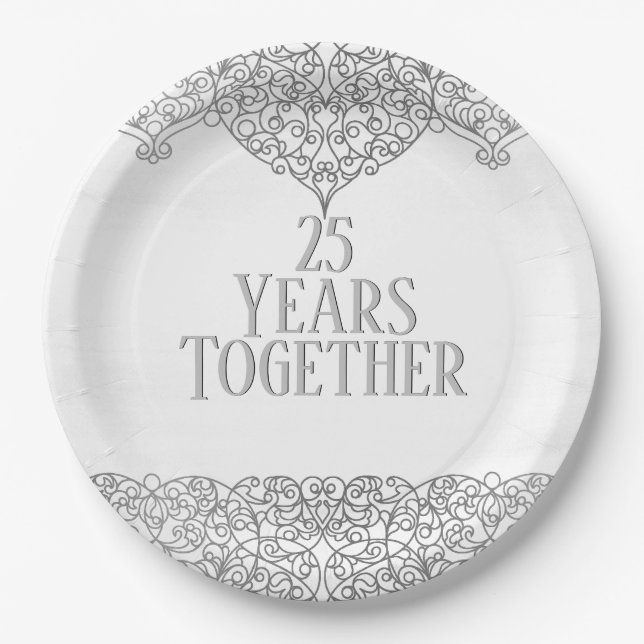 25th Anniversary Silver Lace On White Paper Plate (Front)