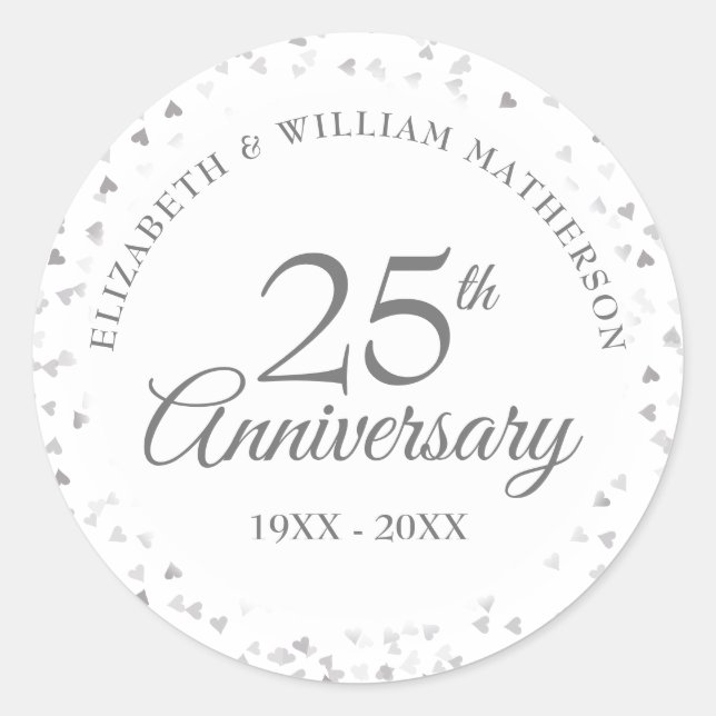 25th Anniversary Silver Love Hearts Confetti Classic Round Sticker (Front)