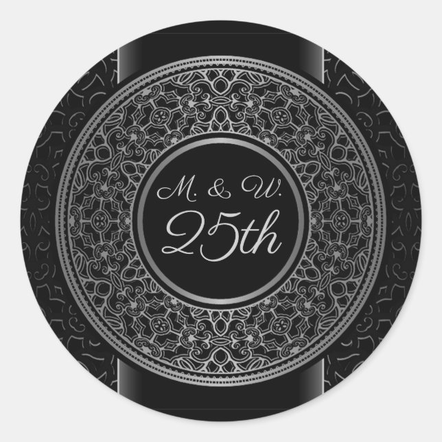 25th Anniversary Silver Medallion Monogrammed Classic Round Sticker (Front)