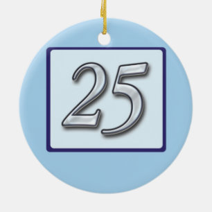 25th Anniversary Silver Number on Blue Ceramic Ornament