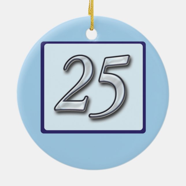 25th Anniversary Silver Number on Blue Ceramic Ornament (Back)