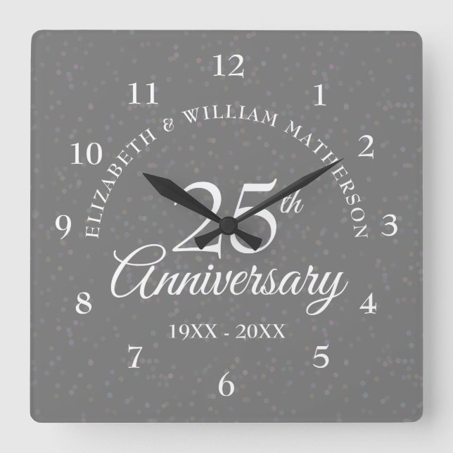 25th Anniversary Silver Stardust Square Wall Clock (Front)