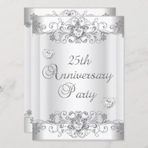 25th Anniversary Silver White Diamond Hearts Invitation