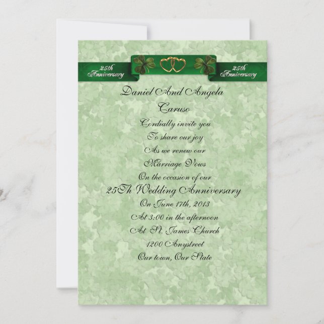 25th Anniversary vow renewal Irish Invitation (Front)