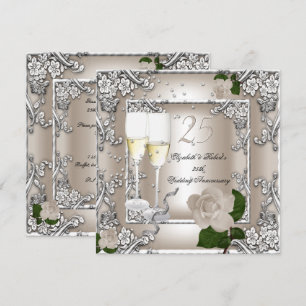 25th Anniversary Wedding Cream Rose Silver Invitation