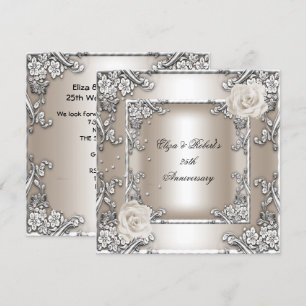 25th Anniversary Wedding Cream Rose Silver Party Invitation