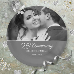 25th Anniversary Wedding Photo Chic Silver Paper Plate