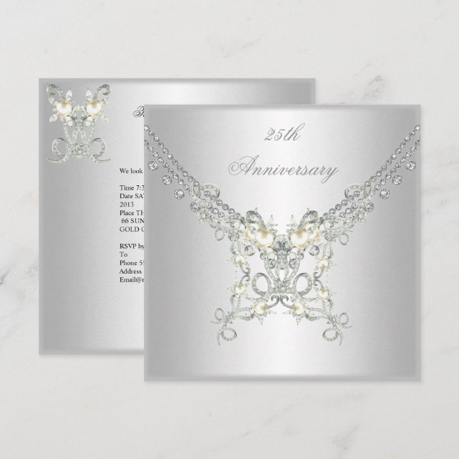 25th Anniversary White Silver Pearl Jewel 2 Invitation (Front/Back)