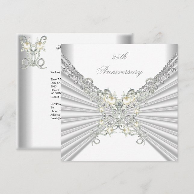 25th Anniversary White Silver Pearl Jewel 2 Invitation (Front/Back)