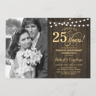 25th Anniversary with Photo - Rustic Wood Gold Invitation
