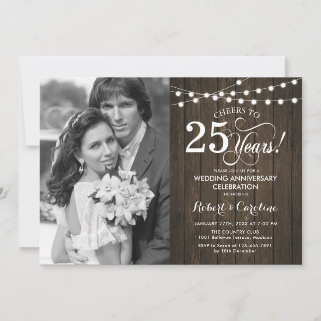 25th Anniversary with Photo - Rustic Wood Invitation (Front)
