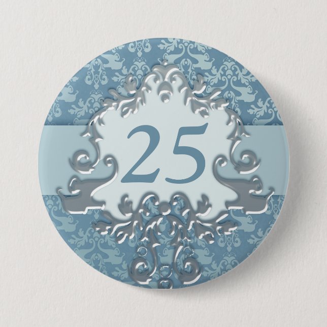 25th birthday age damask elephant silver blue 3 inch round button (Front)