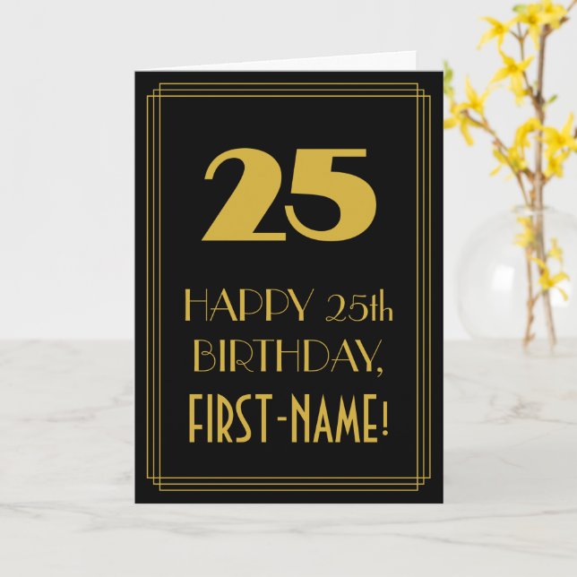 25th Birthday – Art Deco Inspired Look "25" & Name Card (Yellow Flower)