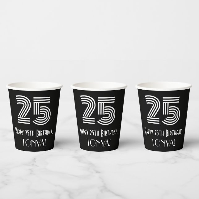 25th Birthday — Art Deco Inspired Look “25” + Name Paper Cups (Multi)