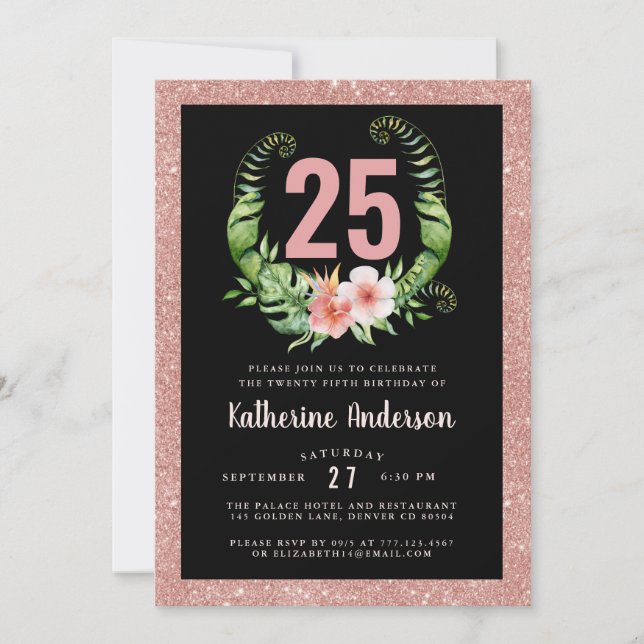 25th birthday black blush pink floral invitation (Front)