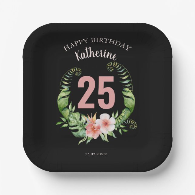 25th Birthday black Floral script name Paper Plate (Front)