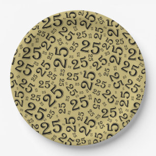 25th Birthday Black/Gold Random Number Pattern Paper Plate