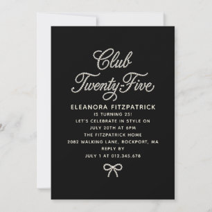 25th Birthday Black White Pearl Script Bow Invitation