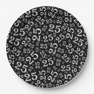25th Birthday Black/White Random Number Pattern Paper Plate