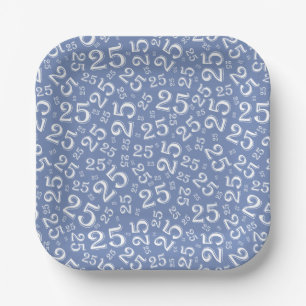 25th Birthday Blue/White Random Number Pattern Paper Plate