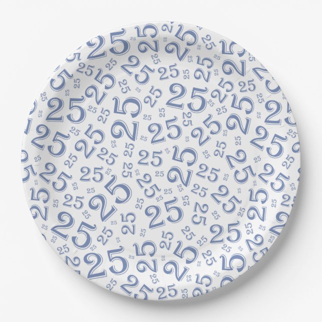 25th Birthday Blue/White Random Number Pattern Paper Plate (Front)