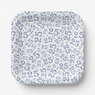 25th Birthday Blue/White Random Number Pattern Paper Plate