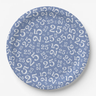 25th Birthday Blue/White Random Number Pattern Paper Plate