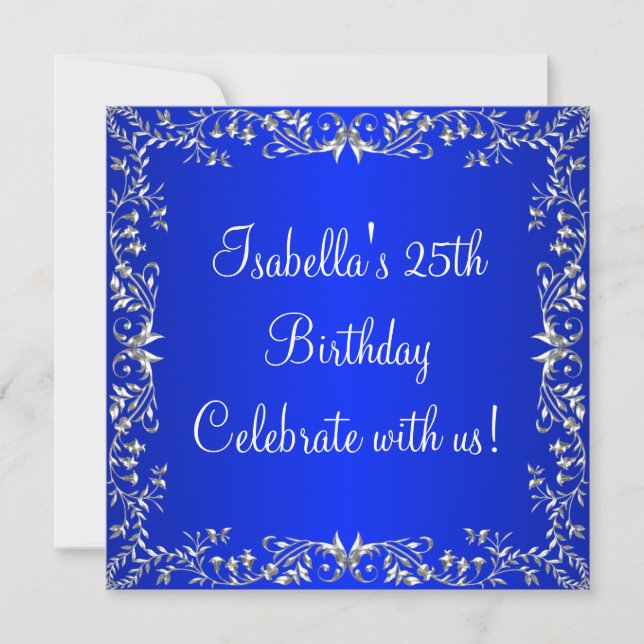 25th Birthday Cobalt Blue & Silver Floral Metal Invitation (Front)