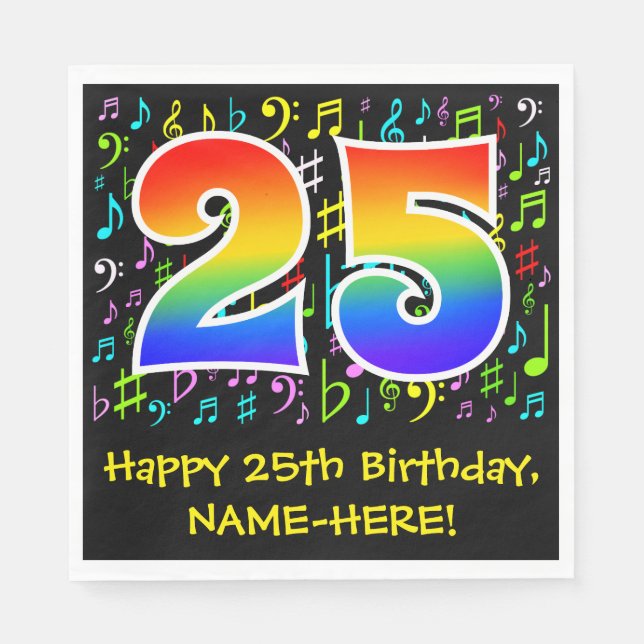 25th Birthday - Colourful Music Symbols, Rainbow 2 Napkin (Front)