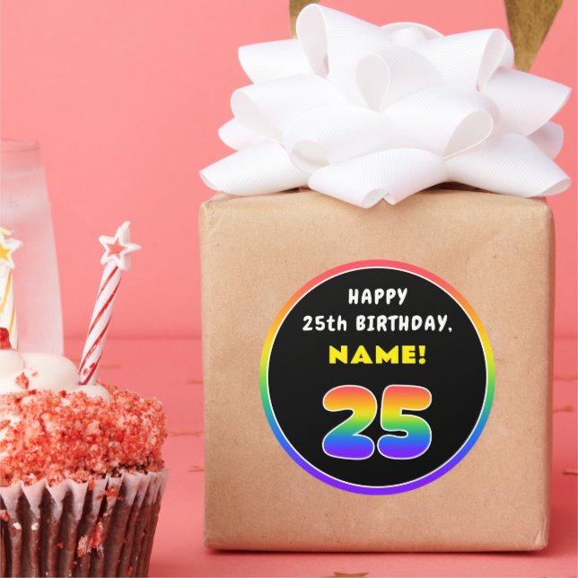 25th Birthday: Colourful Rainbow # 25, Custom Name Classic Round Sticker (Party)