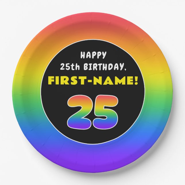 25th Birthday: Colourful Rainbow # 25, Custom Name Paper Plate (Front)