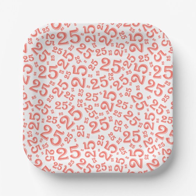 25th Birthday Coral/White Random Number Pattern Paper Plate (Front)