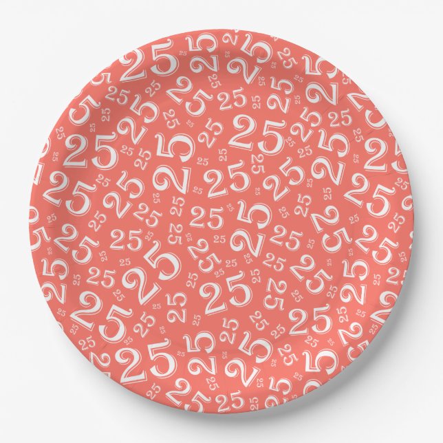 25th Birthday Coral/White Random Number Pattern Paper Plate (Front)