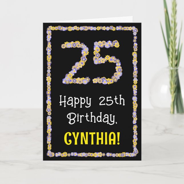 25th Birthday: Floral Flowers Number, Custom Name Card (Front)