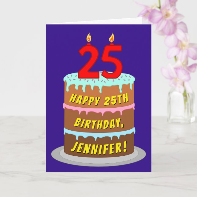 25th Birthday: Fun Cake and Candles + Custom Name Card (Orchid)