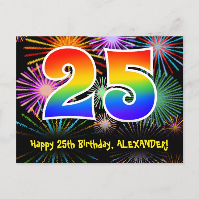 25th Birthday – Fun Fireworks Pattern + Rainbow 25 Postcard (Front)