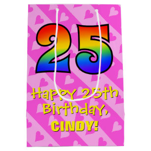 25th Birthday: Fun Pink Hearts Stripes; Rainbow 25 Medium Gift Bag