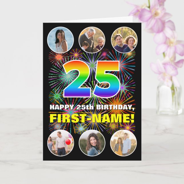 25th Birthday: Fun Rainbow #, Custom Name & Photos Card (Orchid)
