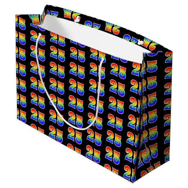 25th Birthday: Fun Rainbow Event Number 25 Pattern Large Gift Bag (Back Angled)