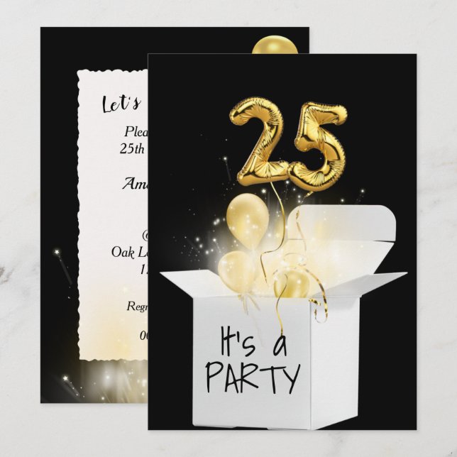 25th Birthday Gold Balloons In White Box  Invitation (Front/Back)