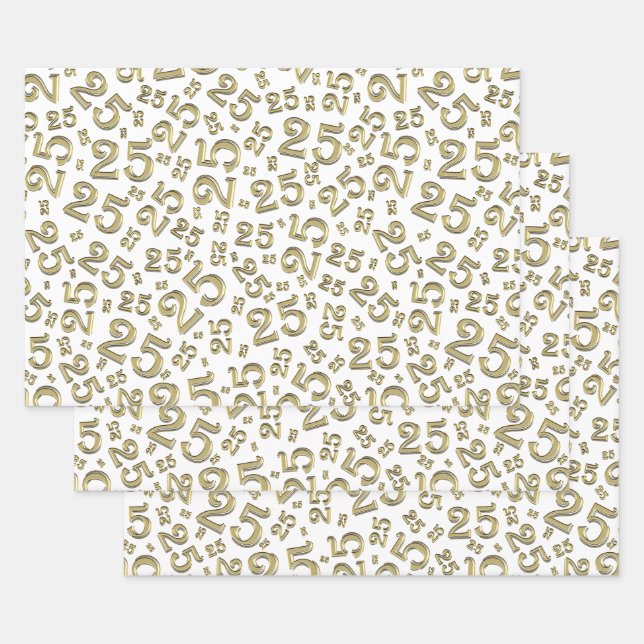 25th Birthday Gold/White Random Number Pattern 25 Wrapping Paper Sheet (Set)