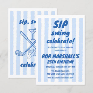 25th Birthday Golf Bold Blue Typography Stripes Invitation